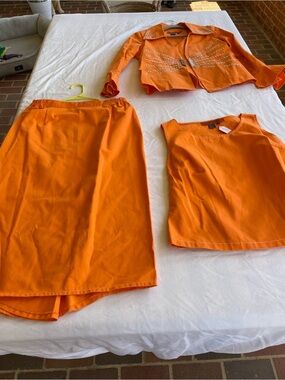 Devine Denim NY 3Pc Orange Studded Jacket Tank Skirt Suit Set Women’s Size 12